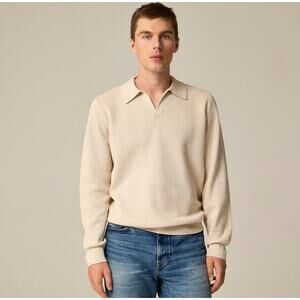 J.Crew Long Sleeve Cotton Mesh-Stitch Johnny Collar Sweater Polo Mens M Natural